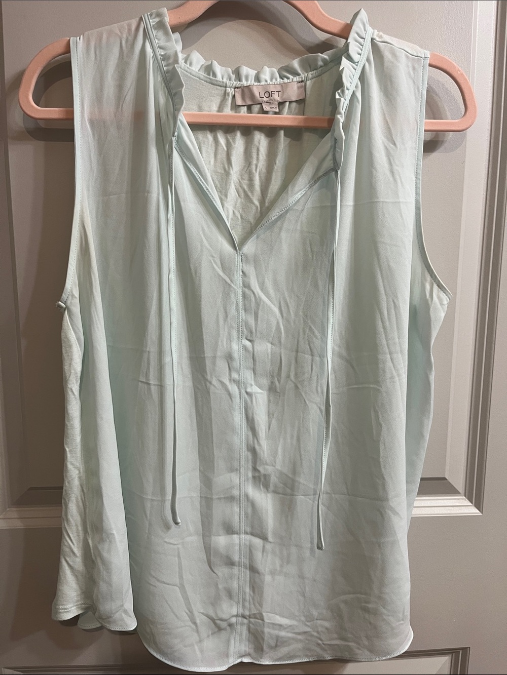 LOFT Light Mint Sleeveless Tie-Neck Ruffle-Trim Camisole